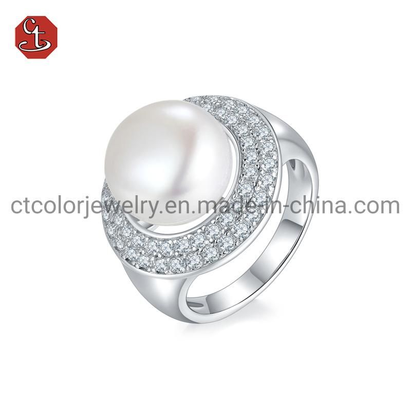 CT Color Fashion Luxury Jewelry 925 Sterling Silver Pearl CZ Ring