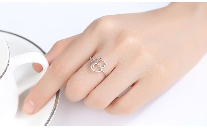Fashion Jewelry Silver Hollow Tiny Cat Ring for Girls