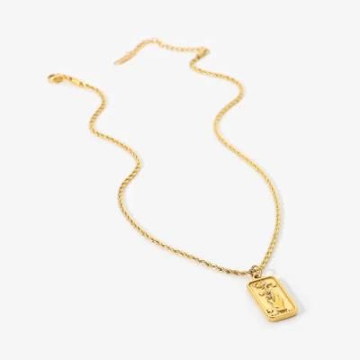 Factory Customized Fashion Hand Carved Zircon Gold-Plated Stainless Steel Rectangular Pendant Simple Necklace Jewelry
