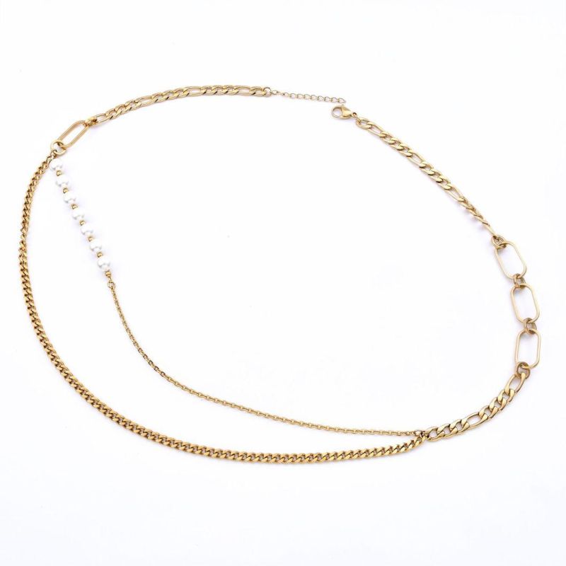 Unique Piece with Freshwater Pearl and Chain Link Toggle Necklace Stainless Steel 18K Gold Plated for Ladies