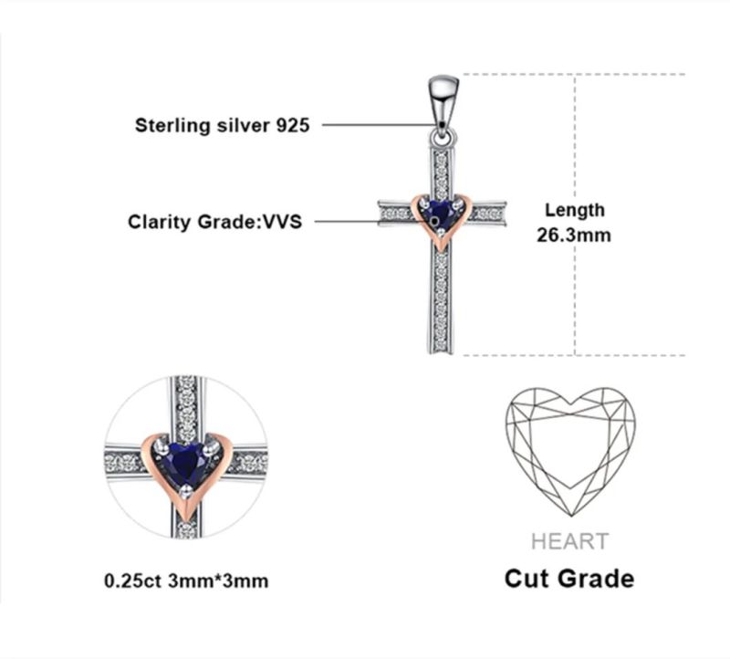 Created Sapphire Pendants Cross Love Heart 925 Sterling Silver Pendants Necklace Wholesale