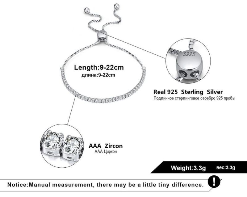 Women 925 Sterling Silver Jewelry Cubic Zirconia Adjustable Charm Bracelet