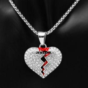 24&quot; Red Oil Broken Heart Necklace &amp; Pendant with Chain Gold Silver Iced Bling Men&prime;s Women Stainless Steel Hip Hop Jewelry Gift