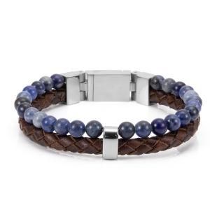 Fashion Design Stainless Steel Accessories Double Stone Weave Leather &#160; Men Bracelet
