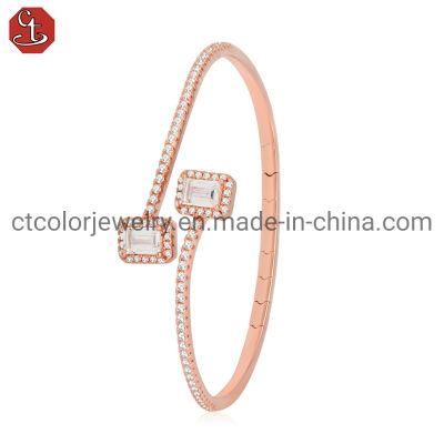 Wholesale 925 Sterling Silver Fashion Jewelry cz pave Step cut Free size Adjustable spring open Rose Gold plated Bracelet Bangle
