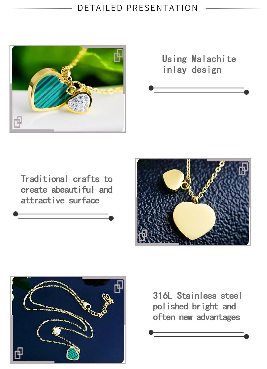Stainless Steel Jewelry Factory Custom Wholesale Source Inlaid Heart-Shaped White Diamond Hot-Selling Malachite Necklace