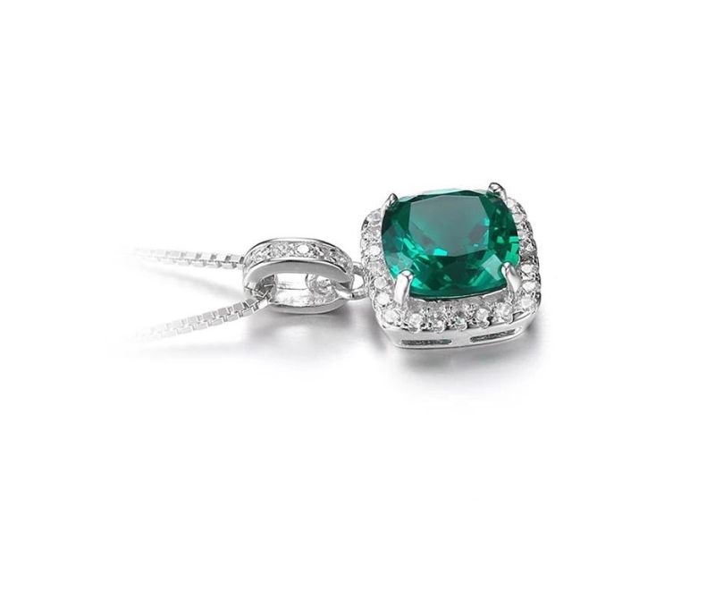 Classic Cushion Nano Russian Simulated Emerald Pendant Necklace 18 Inches 925 Sterling Silver Jewelry