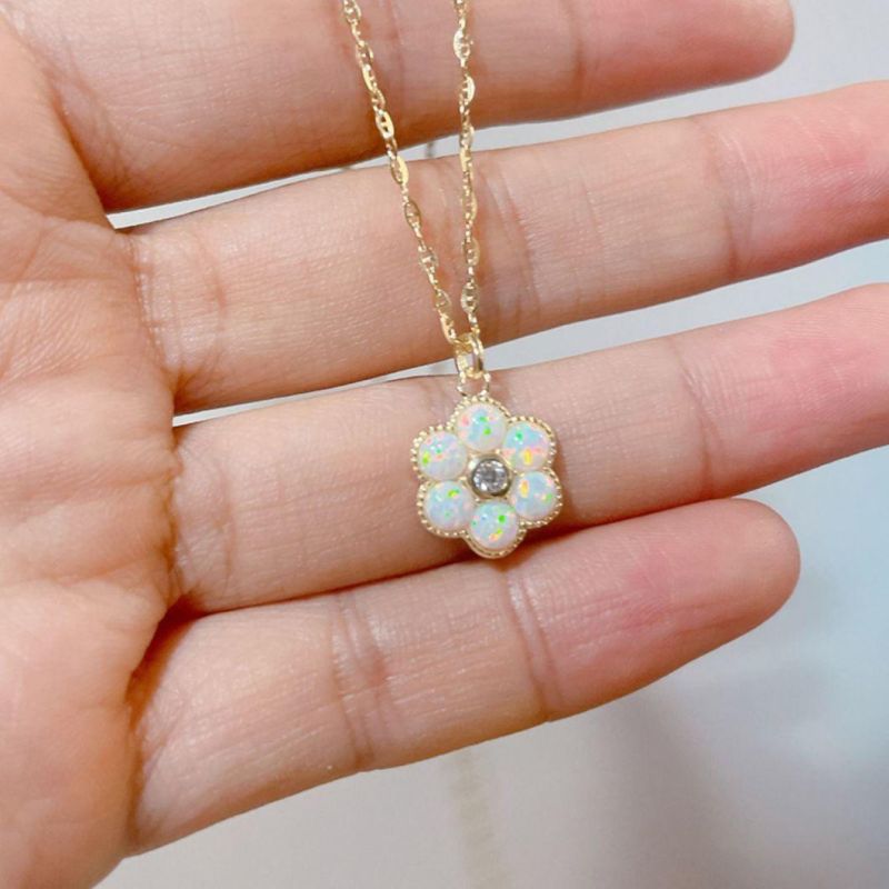 18K Yellow Gold Plated Pendant with Lab Opal Round Shape Gem Opal Zircon Center Stone Necklace