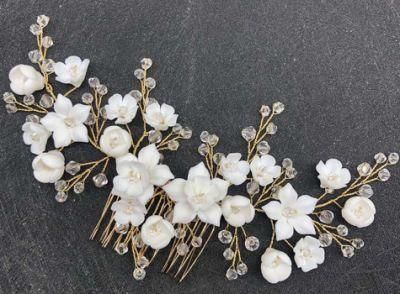 Bridal Crystal Ceramic Flower Hair Comb. Wedding Crystal Tiara Hair Comb