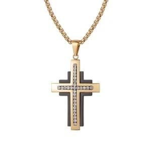 Gold-Plated Stainless Steel Diamond Cross Pendant Necklace
