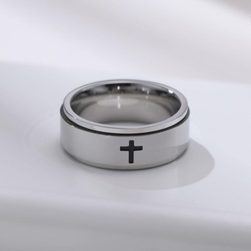 Stainless Steel Laser Corrosion Cross Turnable Rings Spinner Rings for Men Rotating Finger Jewelry Wholesale SSR2589