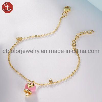 925 Sterling Silver Fashion Jewellery 18K Gold Plated Pink Enamel Bell Bracelet Fine Jewelry for Girls