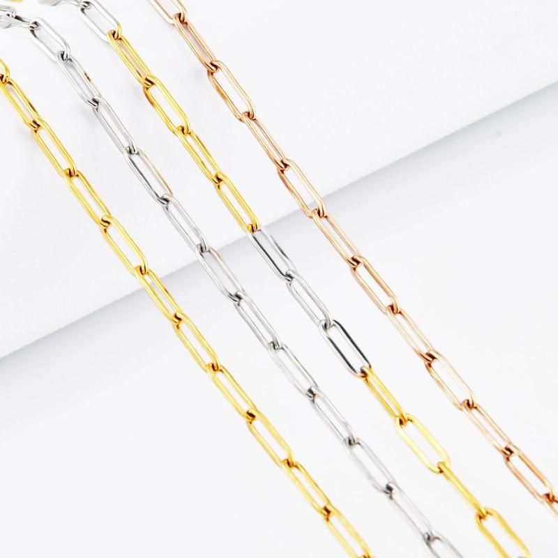 Fashion 18K Gold Plated Long Paper Clip Stainless Steel Necklace for Ladies Suit for Layer Wearing