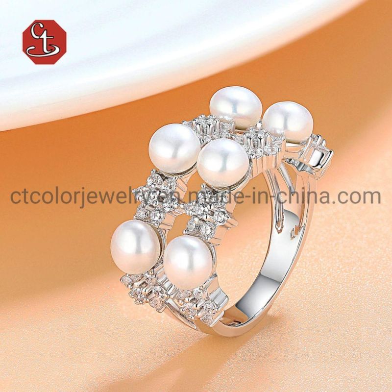 Fashion Jewelry Delicate Wedding Rings with Natural Pearl High Quality Cubic Zircon Silver Ring