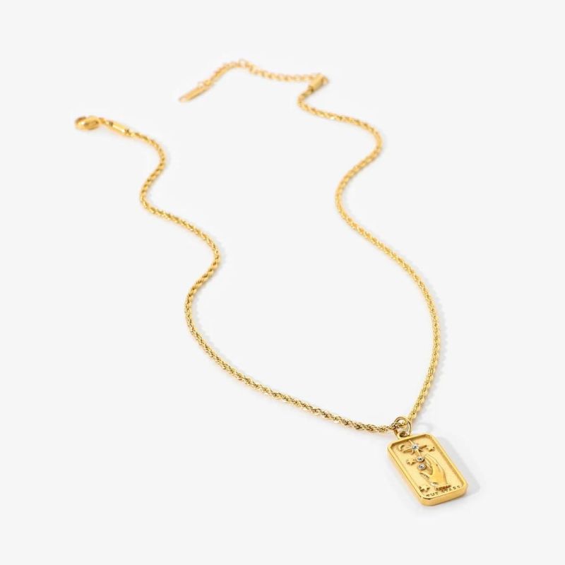 Factory Customized Fashion Hand Carved Zircon Gold-Plated Stainless Steel Rectangular Pendant Simple Necklace Jewelry