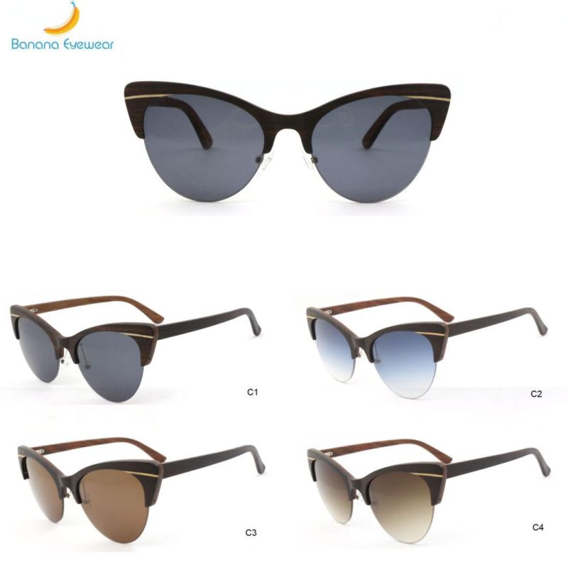 Fashionable Cat Eye Polarized Women Ebony Wooden Sunglasses