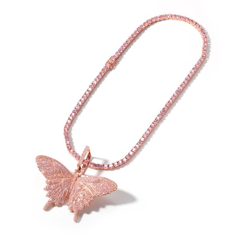 Fashion Pink Zircon Flower Pendant Copper Necklace