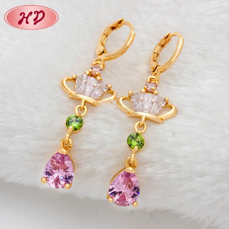 Latest Heart Shaped Design Gold Plated Crystal Long Drop Earrings for Women