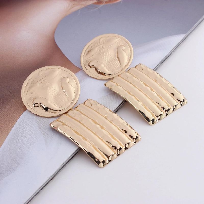 Creative Three-Dimensional Flower Carving Badge Earrings Exaggerated Metal Cold Wind Earrings