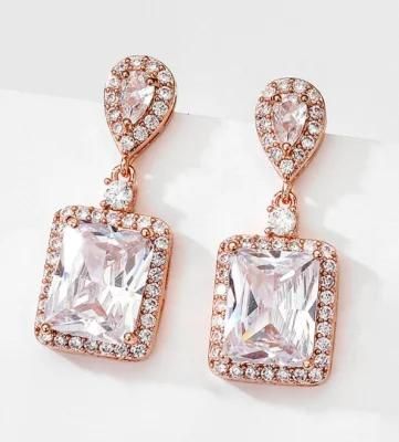 Rose Gold Earring Necklac Jewelry, Bridal Wedding CZ Earring for Wemen