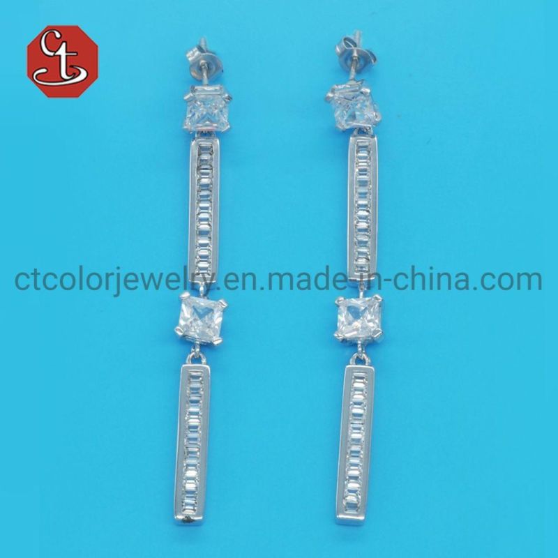 Women Popular Baguette TP CZ Stone SQ Long Brass & Silver Jewelry Earring