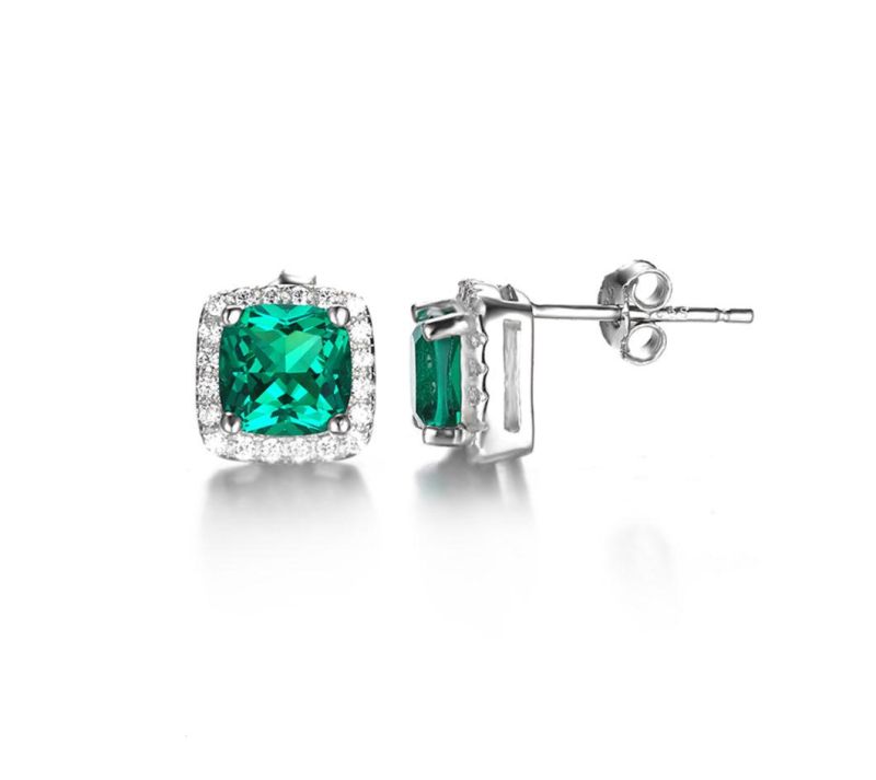 Created Emerald Halo Stud Earrings Solid 925 Sterling Silver Earring Fine Jewelry