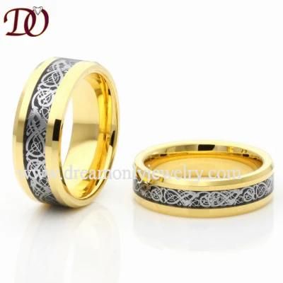 New Tungsten Couple Ring Gold-Color Ring with Black Carbon Fiber Based and Silver Dragon Inlay