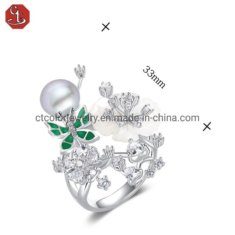 Hot sale jewelry white CZ green enamel mop flower ring for women