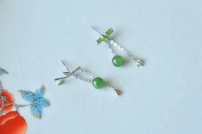 925 Sterling Silver Jade Bamboo Earrings China Donghai Crystal