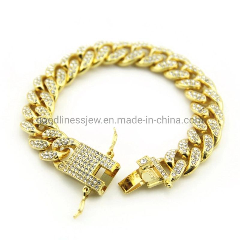 HIPS Hops Solid 18K Gold Full CZ Stone Paved Bling Iced out Curb Miami Cuban Chain Bracelet Jewelry