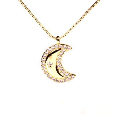 Brass Jewelry Moon Pendant Necklace with Zirconia Stones
