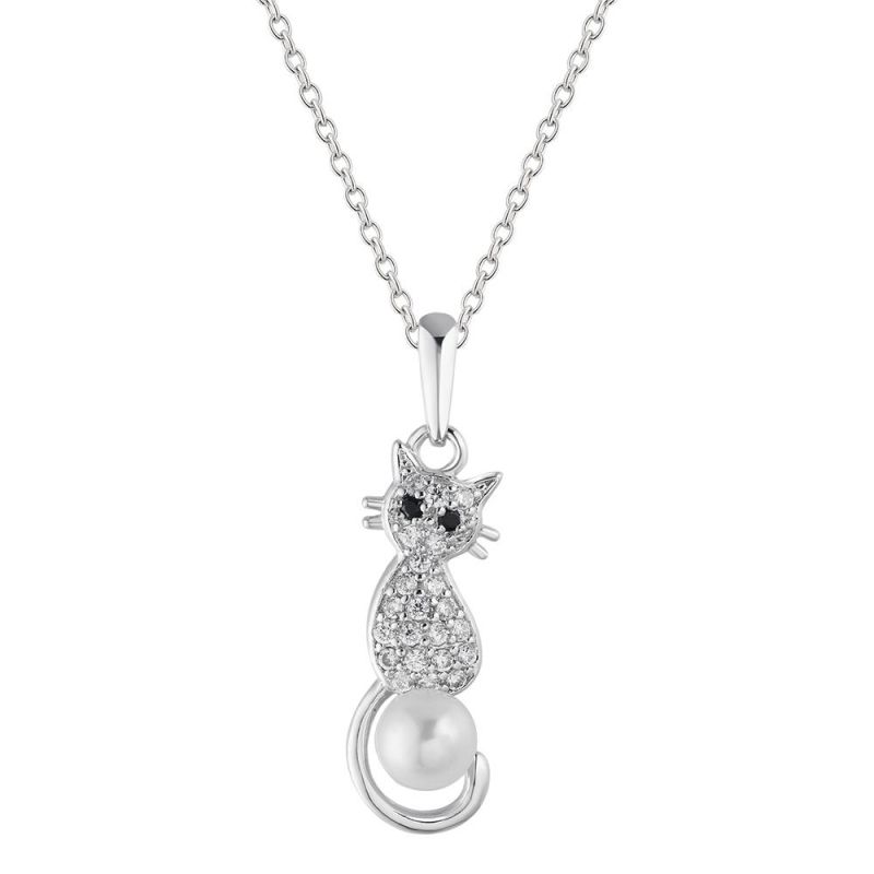 Cute Cat 925 Sterling Silver Pearl Pendant