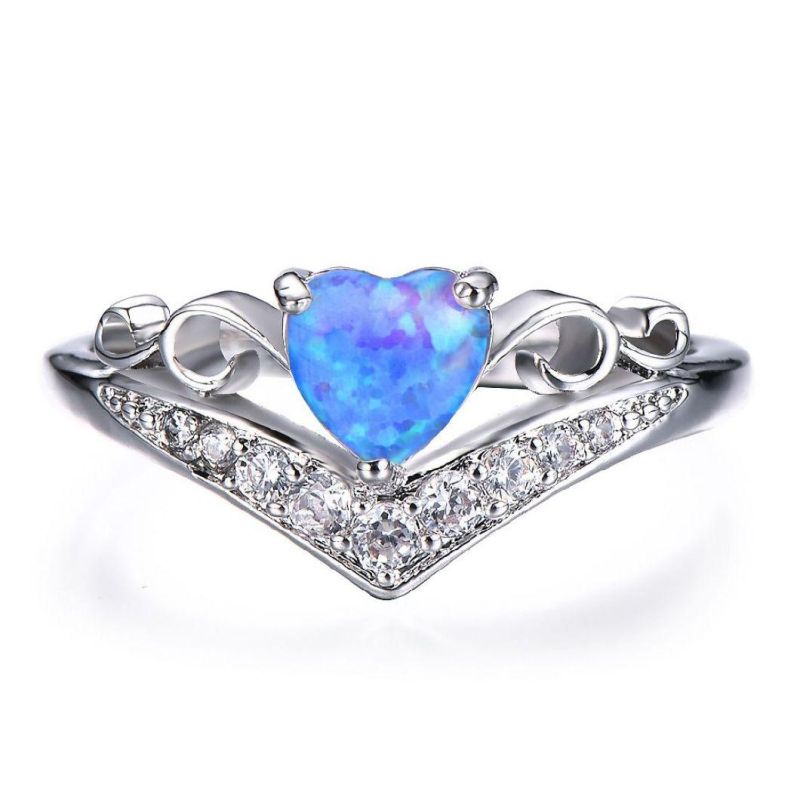 Fashion Design Sterling Silver 925 V Shape Heart Opal Simple Wedding Rings