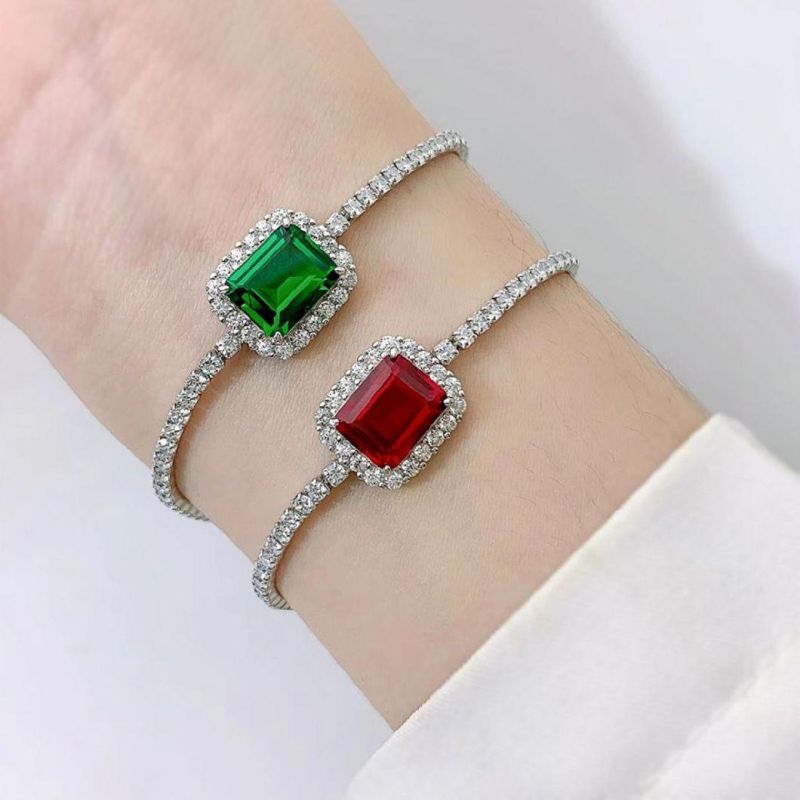 Fashion Jewelry 925 Sterling Silver Ice out Diamond Tennis Chain Big Ruby Emerald Charm Wedding Bracelet for Women Girls