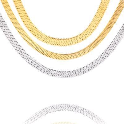 Trendy Real Gold Plated Snake Chain Necklace Flat Herringbone Choker Dainty Necklace for Women 0.4-1.0mm Width
