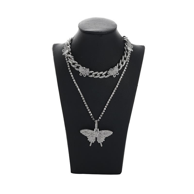 Big Butterfly Lock Pendant Multilayer Necklace Rhinestone Chain for Women