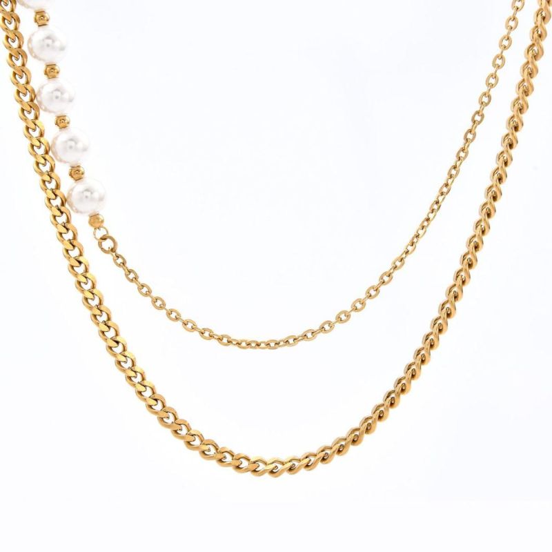 Trendy Double Layer Necklace with Freshpearl Link with Stainless Steel Nk Chain Jewelry for Women