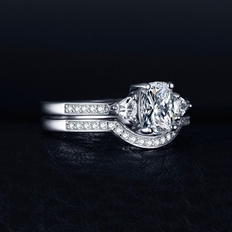 3 Stone Radiant Cut Cubic Zirconia Wedding Band Engagement Ring Sets 925 Sterling Silver Jewelry