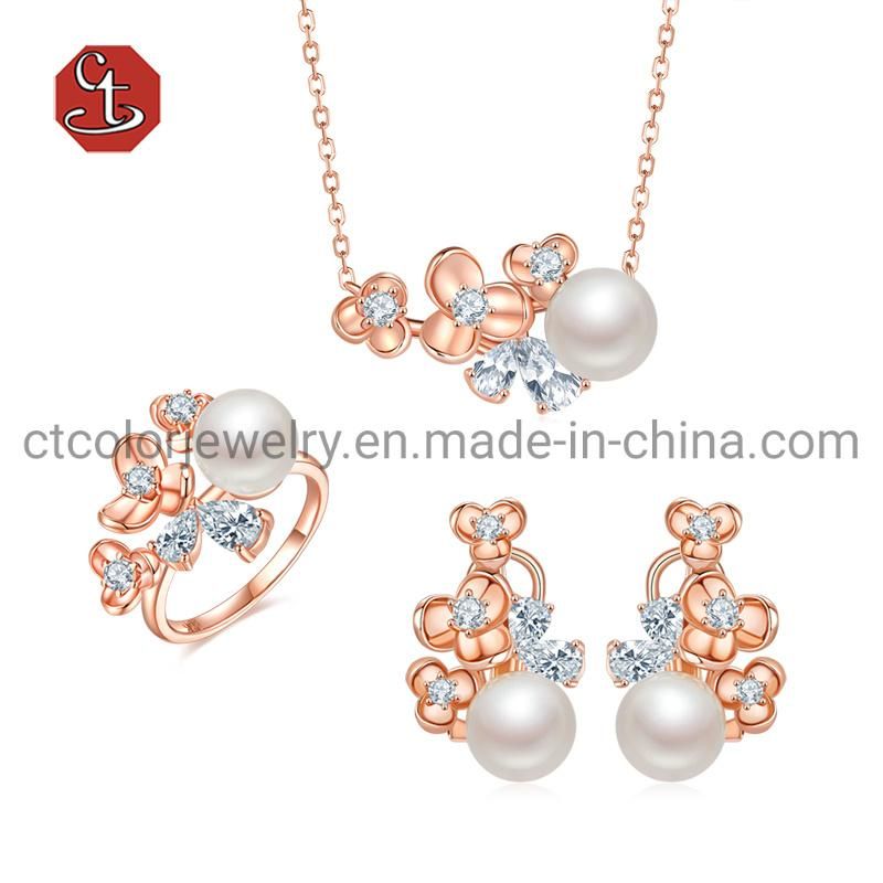 New Fashion 925 Silver Rose plated Rings Pendants and Earring Jewelry Set with pearl