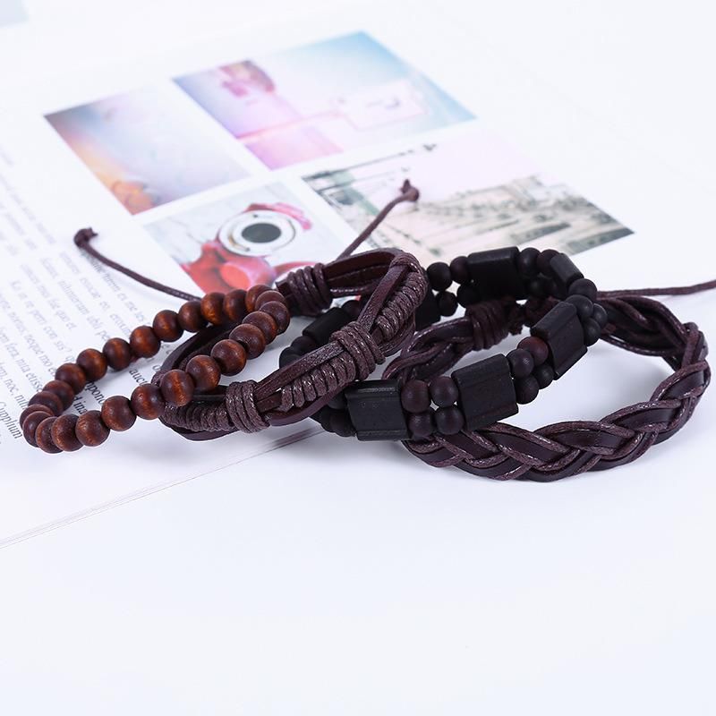 Leather Cuff Bracelet for Men and Women Punk Rock Braided Bracelet Via Brown Black Wristband Handmade Jewelry 4 Piece