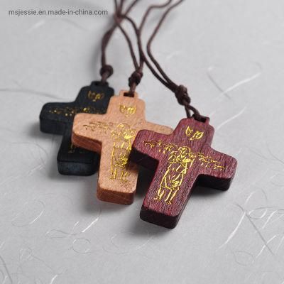 Custom Design Wooden Cross Necklace Cross Pendant Cord Necklace with Good Shepherd Pattern Imprinting