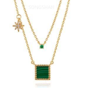 Tarnish Free Jewelry 18K Gold Plated S925 Sterling Silver Gold Plated Malachite Multi Layer Necklace