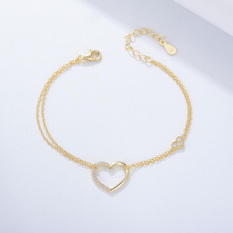 Women 925 Sterling Silver Jewelry Zirconia Heart Charm Bracelet