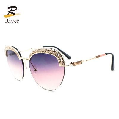 Diamond-Encrusted Round Half Frame Wholesale Sunglasses for Women