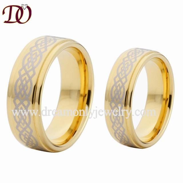 Gold Tungsten Ring with Laser Engraved and Stepped Edges Finish