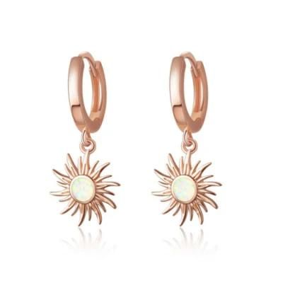 Rose Gold Plated Hypoallergenic Minimalist Ear Jewelry Small Huggie Hoop Opal Sun Dangling Earrings