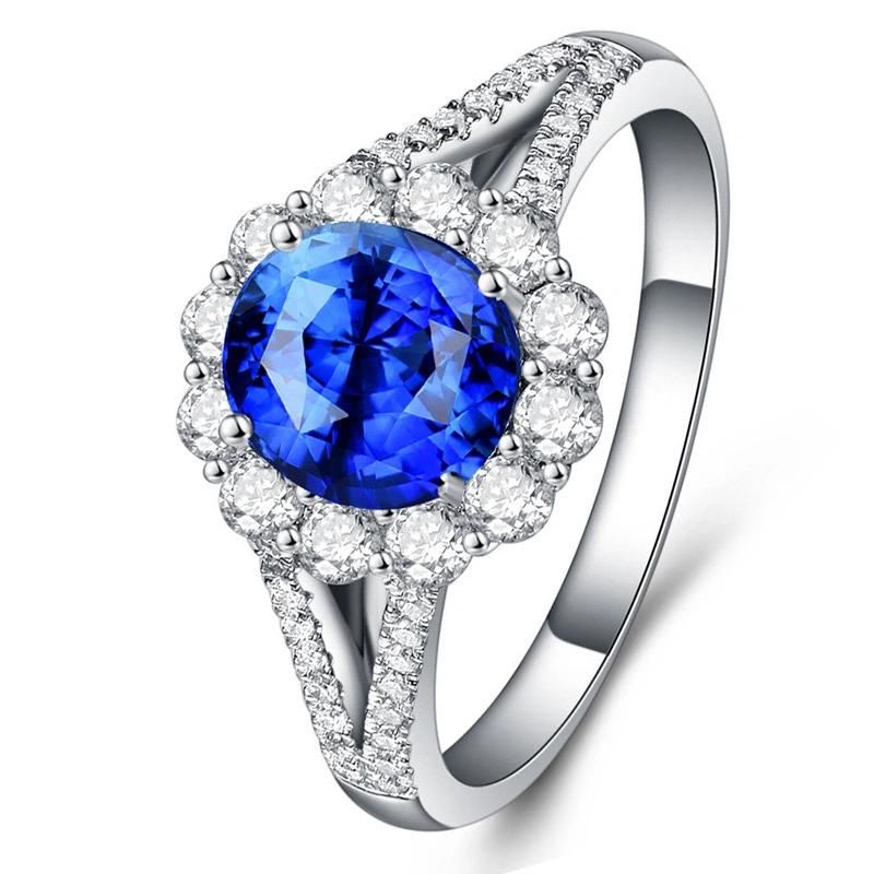 Four Claw Sapphire Blue Crystal with Diamond Ring