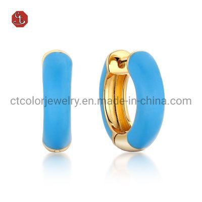 925 Sterling Silver 18k Gold Plated Blue Enamel Circle Hook Earrings Jewelry