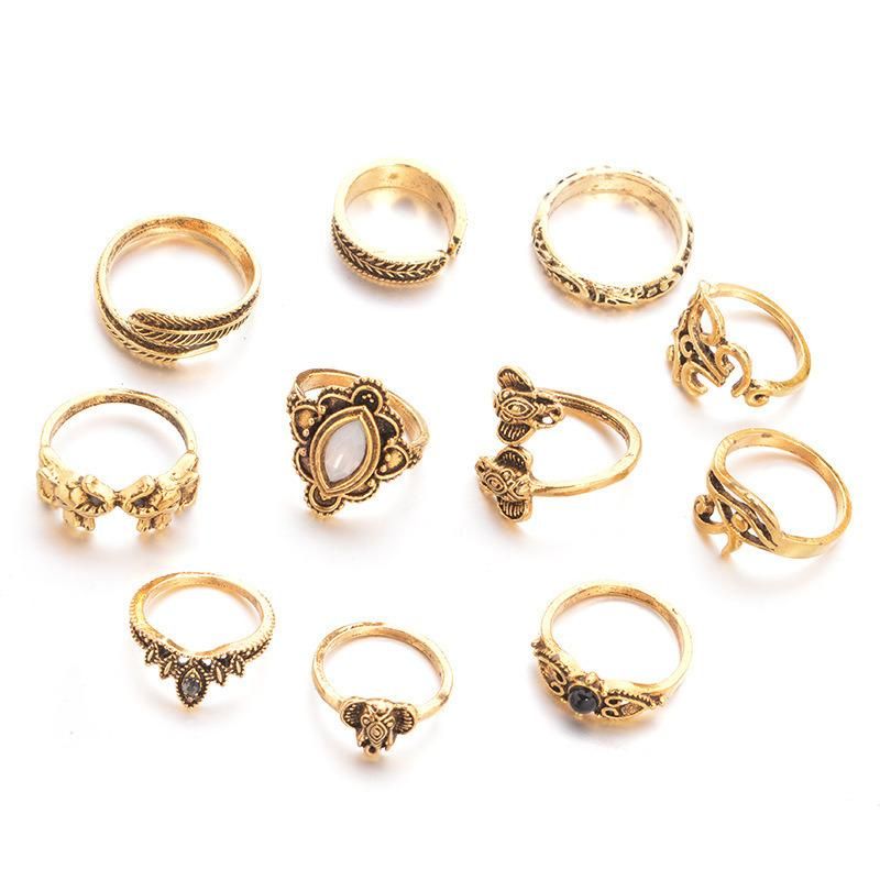 Vintage Elephant Leaf Ring Set Combination 11PCS Knuckle Set
