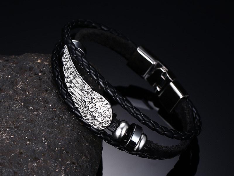 Promotion Gift Feather Black Leather Bracelet Fashion Jewelry